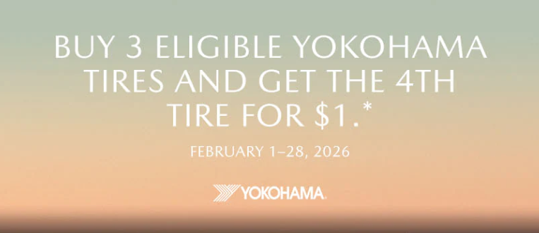 Graphic that says "Buy 3 Eligible Yokohama Tires and Get the 4th Tire for $1"